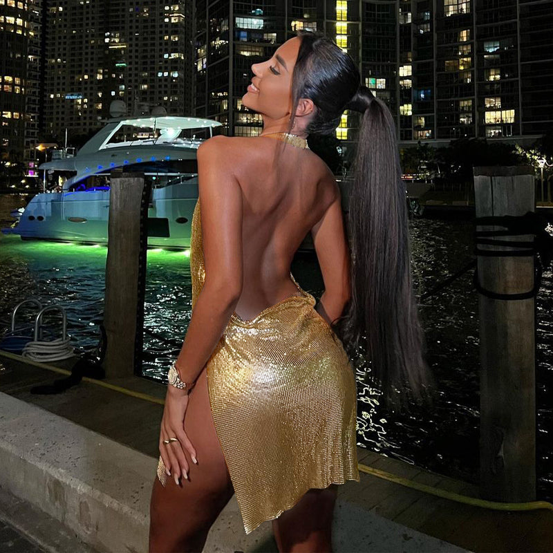 Backless Diamante Mesh Mini Party Dress aclosy