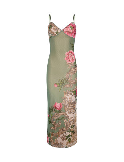 The TIGERMIST JULIANNA DRESS is a sleeveless, fitted maxi dress in sage green with thin straps, featuring a Roccoco Floral print in pink, cream, and green tones.