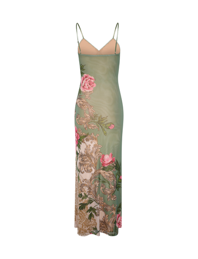 The TIGERMIST JULIANNA DRESS in Green Rococo Floral features a maxi length, thin spaghetti straps, and a sleeveless design with pink rose and beige leaf print, displayed on a white background.