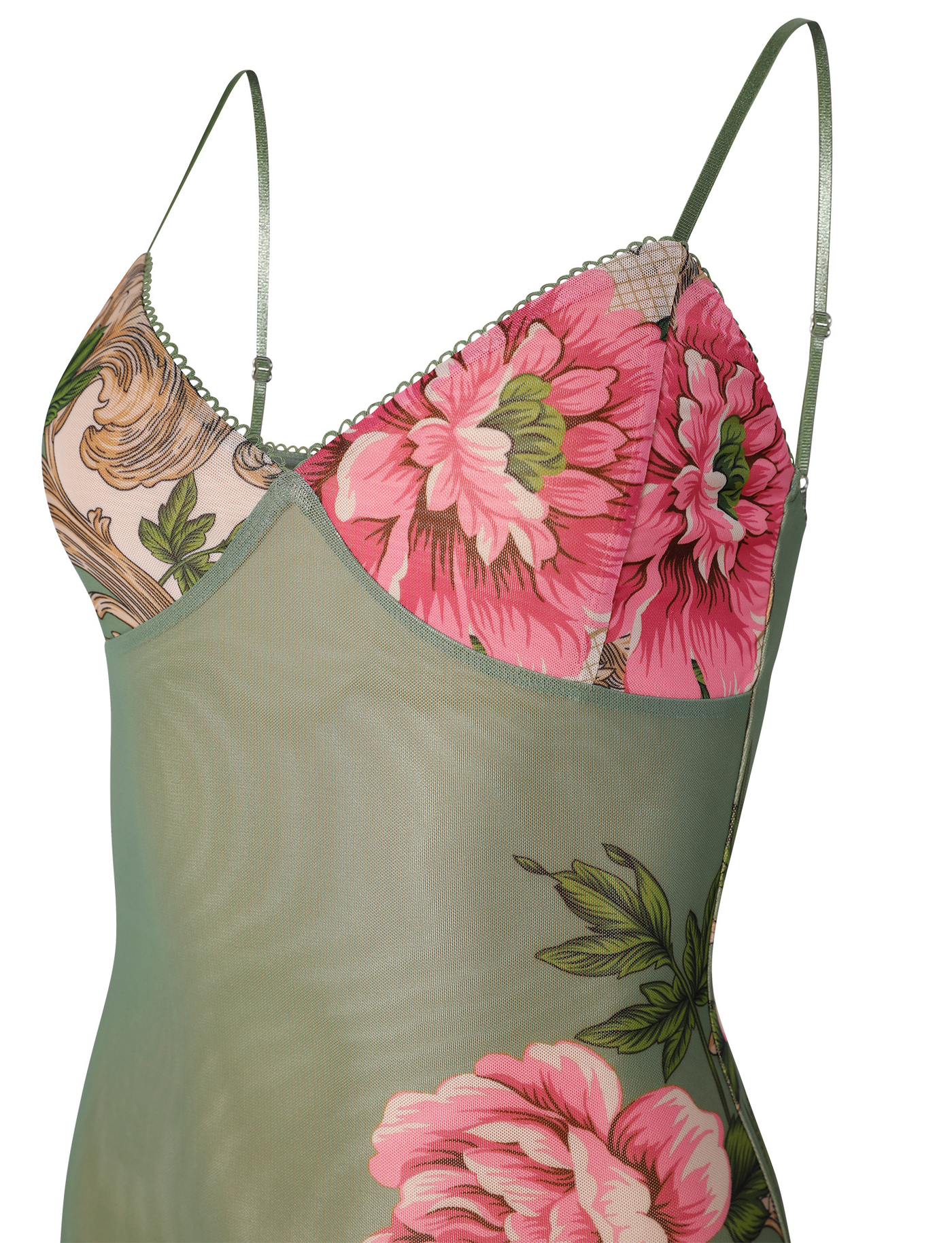 The JULIANNA DRESS - GREEN : FLORAL : ROCCOCO FLORAL by TIGERMIST is a sheer, light green maxi slip dress with thin straps, featuring pink floral prints, Green Rococo Floral leaf patterns, and scalloped trim along the neckline.
