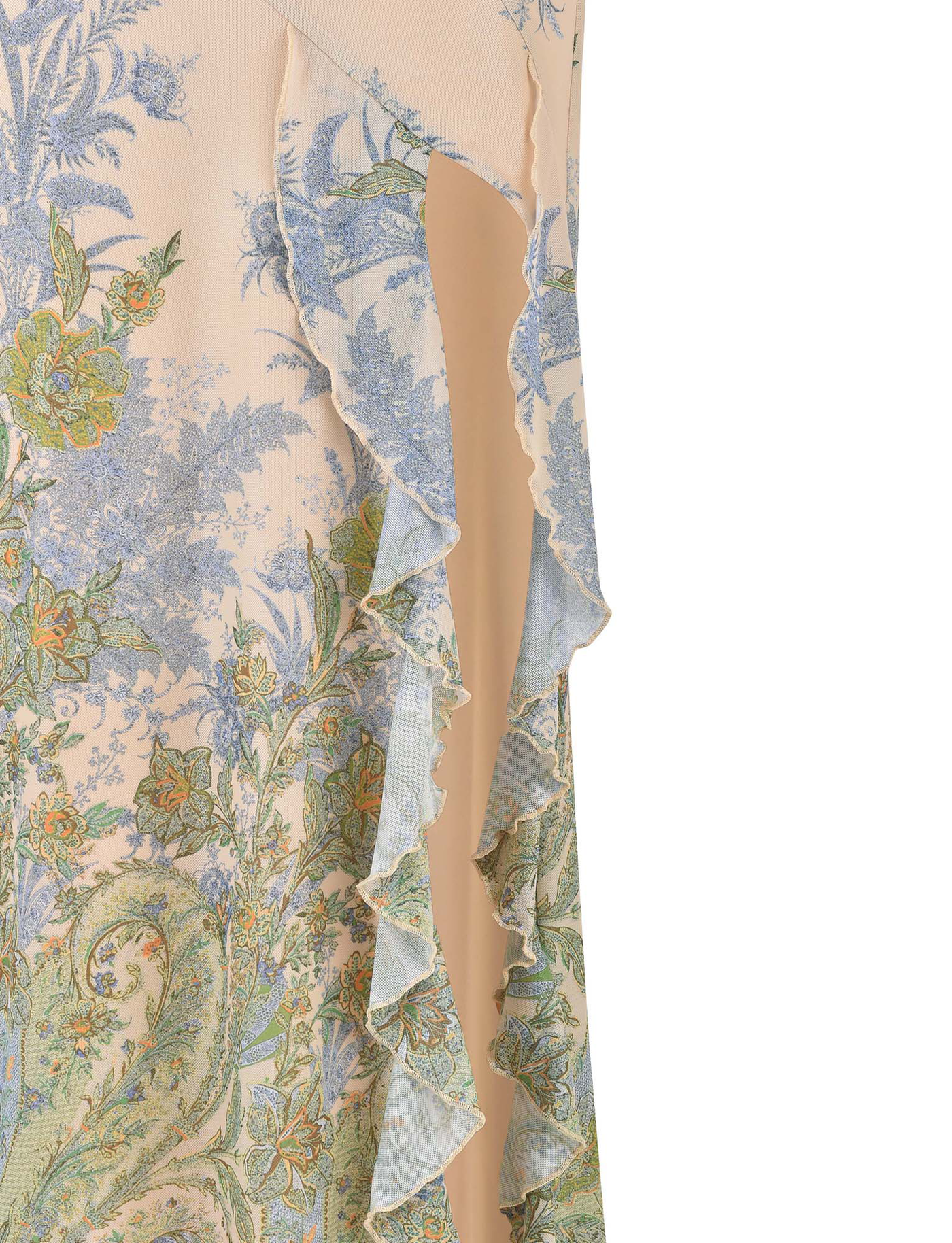Close-up of the THEO MAXI DRESS - MULTI : PAISLEY : TAPESTRY by TIGERMIST, showing light peach fabric with blue and green florals, ruffled edges, and intricate paisley tapestry print.