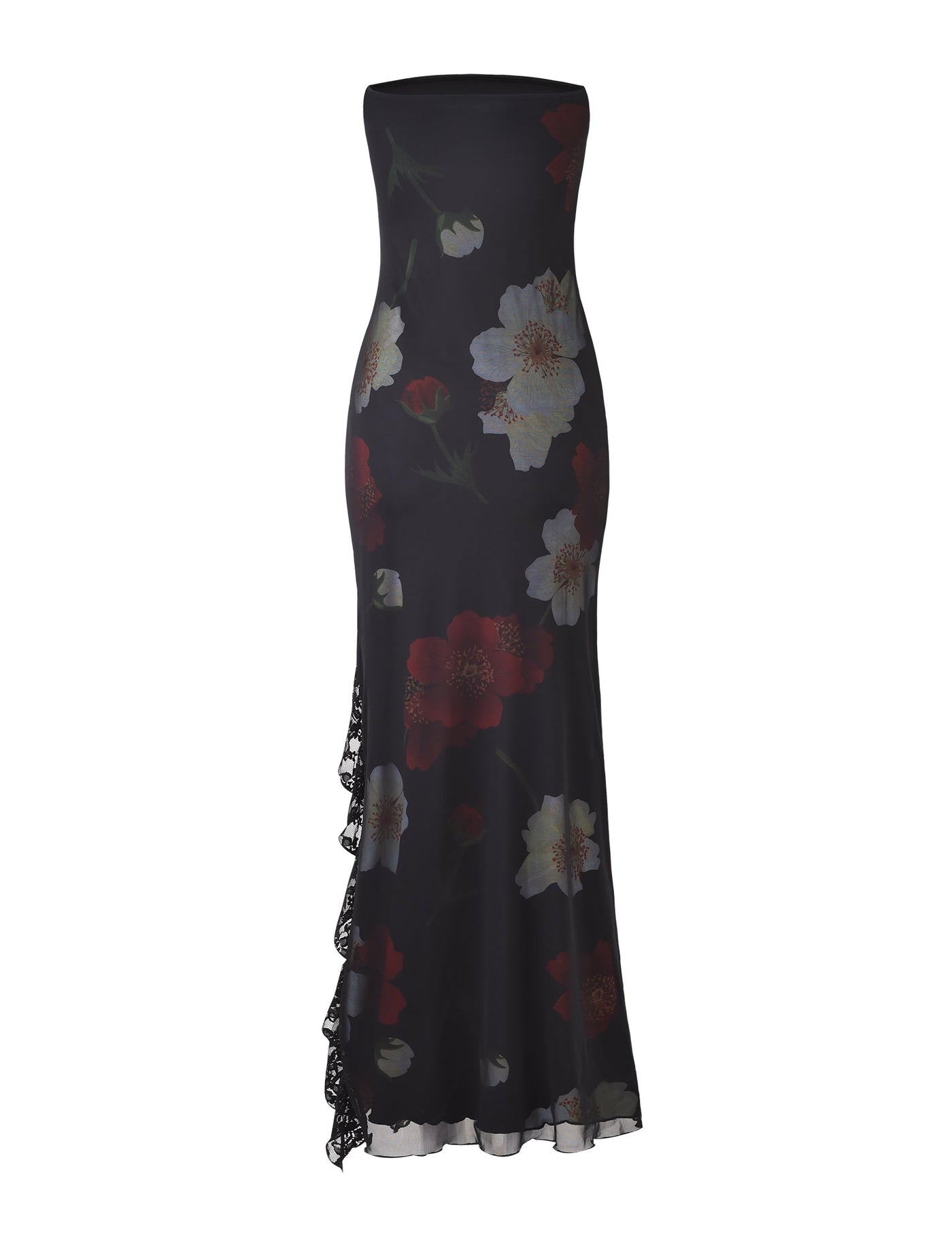 The Theo Maxi Dress - Red: Macro Floral by TIGERMIST is a strapless, floor-length black dress with a fitted silhouette. It features a striking red and white floral print and has a slight asymmetrical ruffle detail cascading down one side, adding an elegant touch.