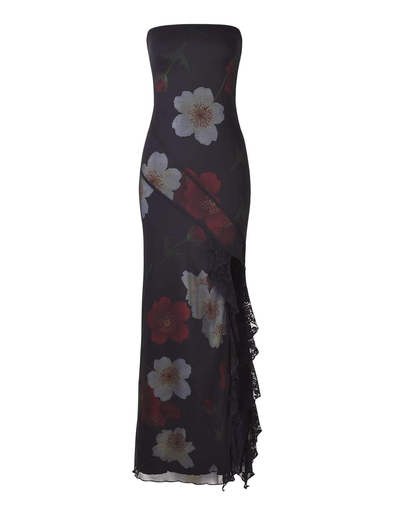 Introducing the THEO MAXI DRESS - RED : MACRO FLORAL by TIGERMIST, a striking black evening gown that features a sleeveless, strapless design with a subtle floral print showcasing red and white flowers. The dress is elegantly finished with an asymmetrical hem enhanced by a cascading lace trim on one side.