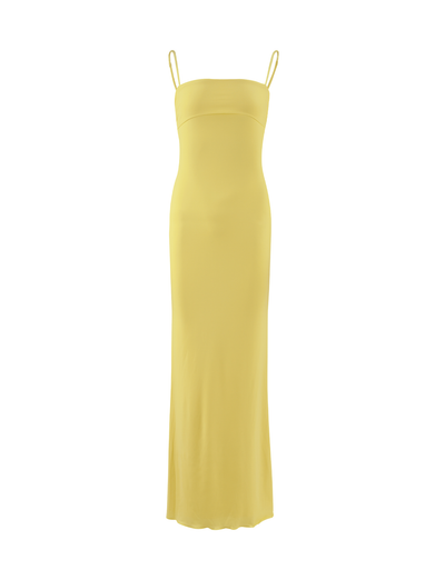The TIGERMIST CARA DRESS - YELLOW: PASTEL CITRUS features a sleeveless, bandeau-style maxi design with thin spaghetti straps and a fitted, straight silhouette, showcasing Villa Rosa’s bohemian flair against a plain white background.