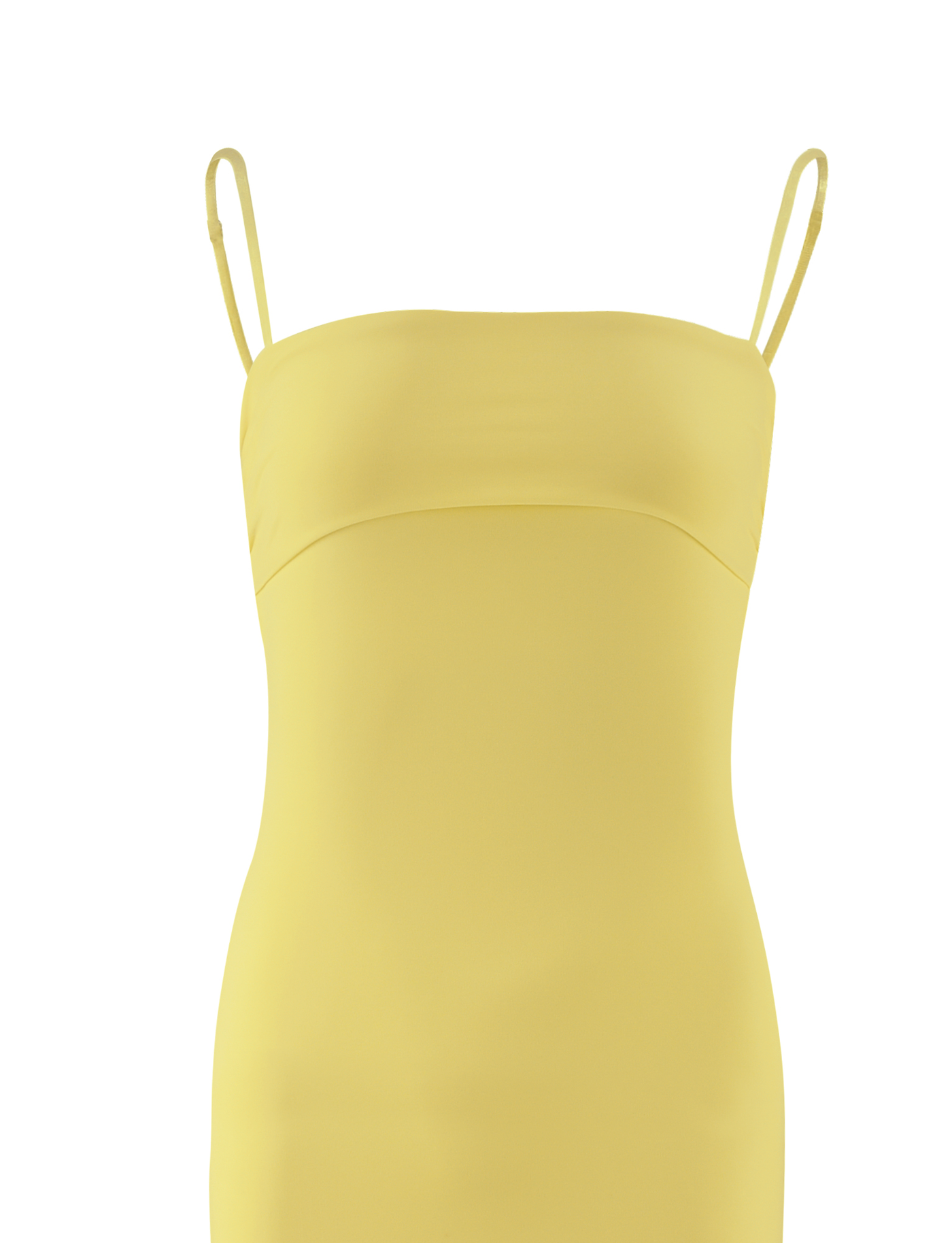 The CARA DRESS - YELLOW : PASTEL CITRUS by TIGERMIST features a sleeveless design with thin spaghetti straps and a straight neckline, shown against a white background—ideal for showcasing an effortless, subtle bohemian style.