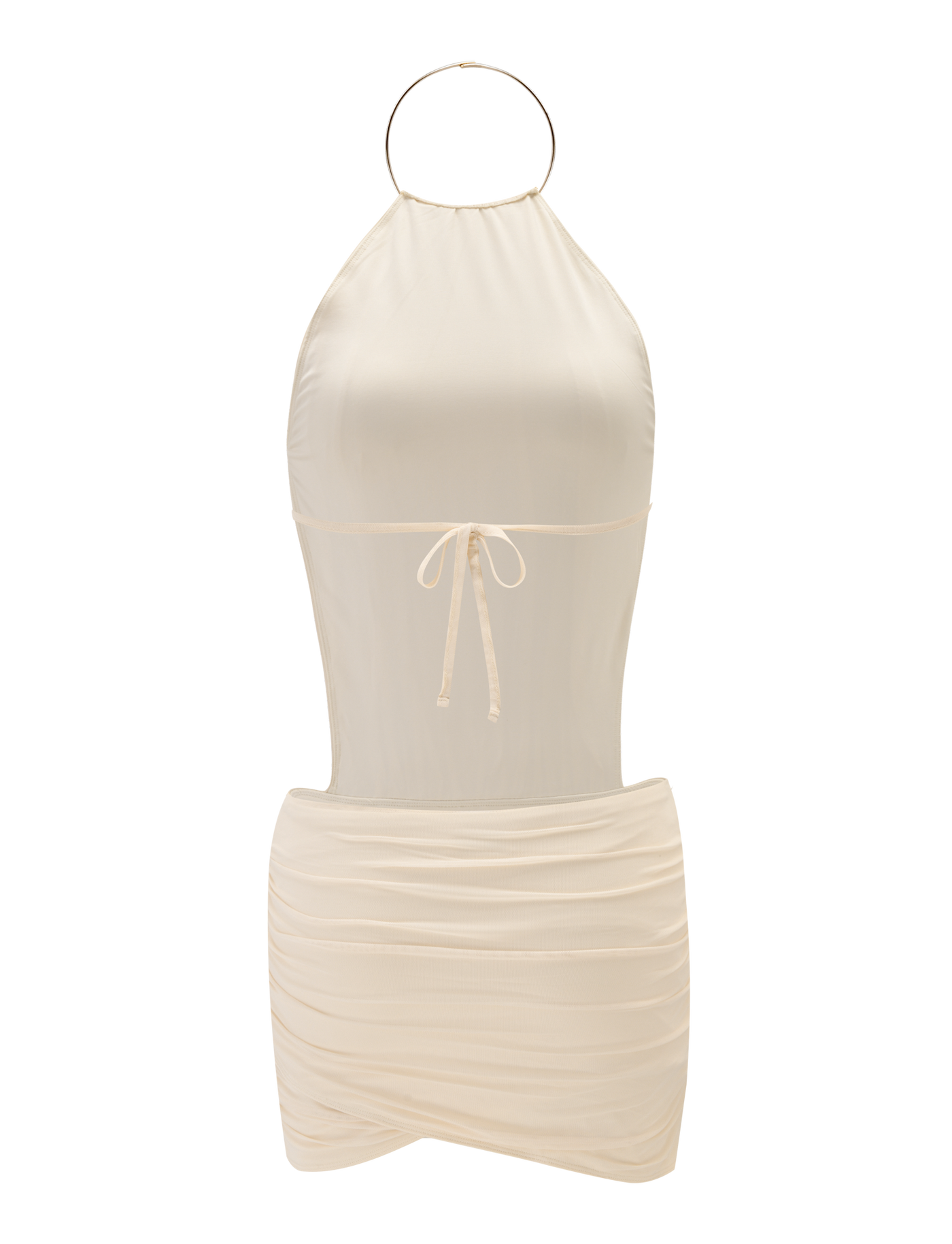 The TIGERMIST EVANNA MINI DRESS in ivory is sleeveless, featuring a gold hoop neckline, front tie at the bust, and a ruched skirt design.