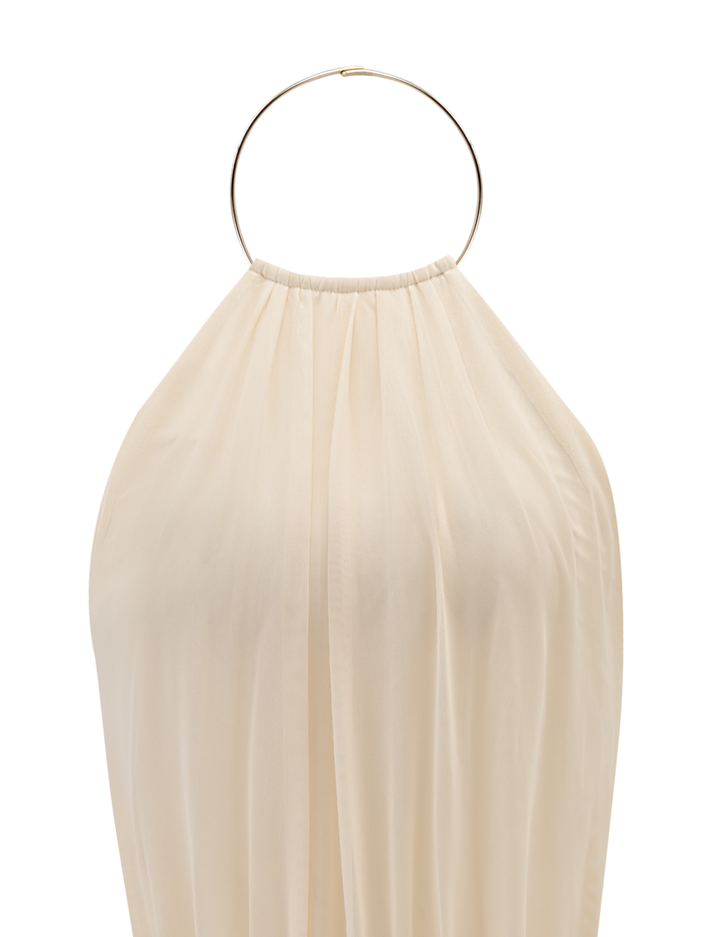 A close-up of the EVANNA MINI DRESS - IVORY by TIGERMIST: a sleeveless mini dress featuring a high neckline gathered onto a large, circular gold metal ring.