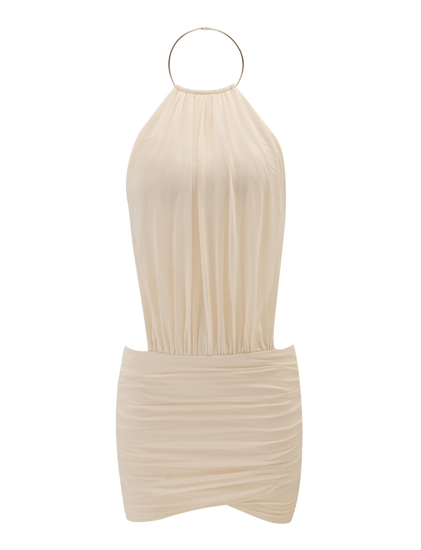The EVANNA MINI DRESS - IVORY by TIGERMIST is a sleeveless dress with a gathered halter neckline secured by a metallic ring, a fitted ruched skirt, and soft slightly pleated fabric for an elegant finish.