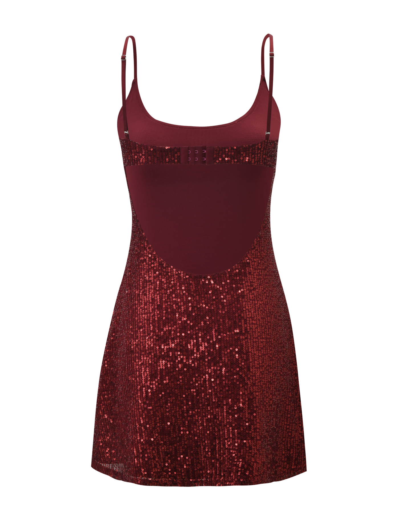 The ZEINA MINI DRESS - WINE SEQUIN by TIGERMIST is a sleeveless mini dress with sparkling wine-colored sequins on the skirt and midsection, a solid bust, thin adjustable straps, and an open back for a dazzling look.