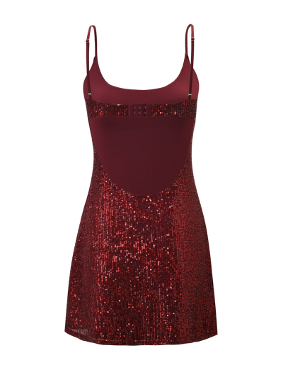 The ZEINA MINI DRESS - WINE SEQUIN by TIGERMIST is a sleeveless mini dress with sparkling wine-colored sequins on the skirt and midsection, a solid bust, thin adjustable straps, and an open back for a dazzling look.