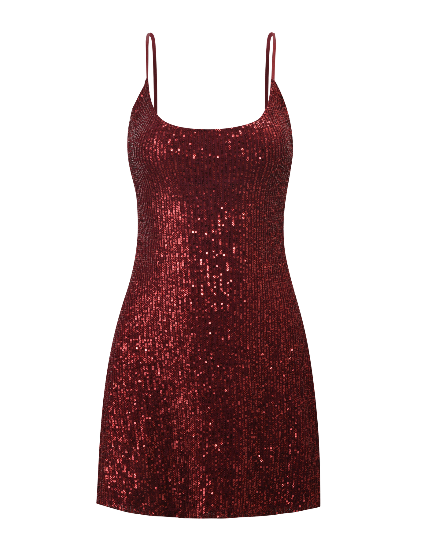 The ZEINA MINI DRESS by TIGERMIST is a wine sequin, sleeveless mini dress with adjustable straps and a fitted silhouette for a glamorous, sparkly look.