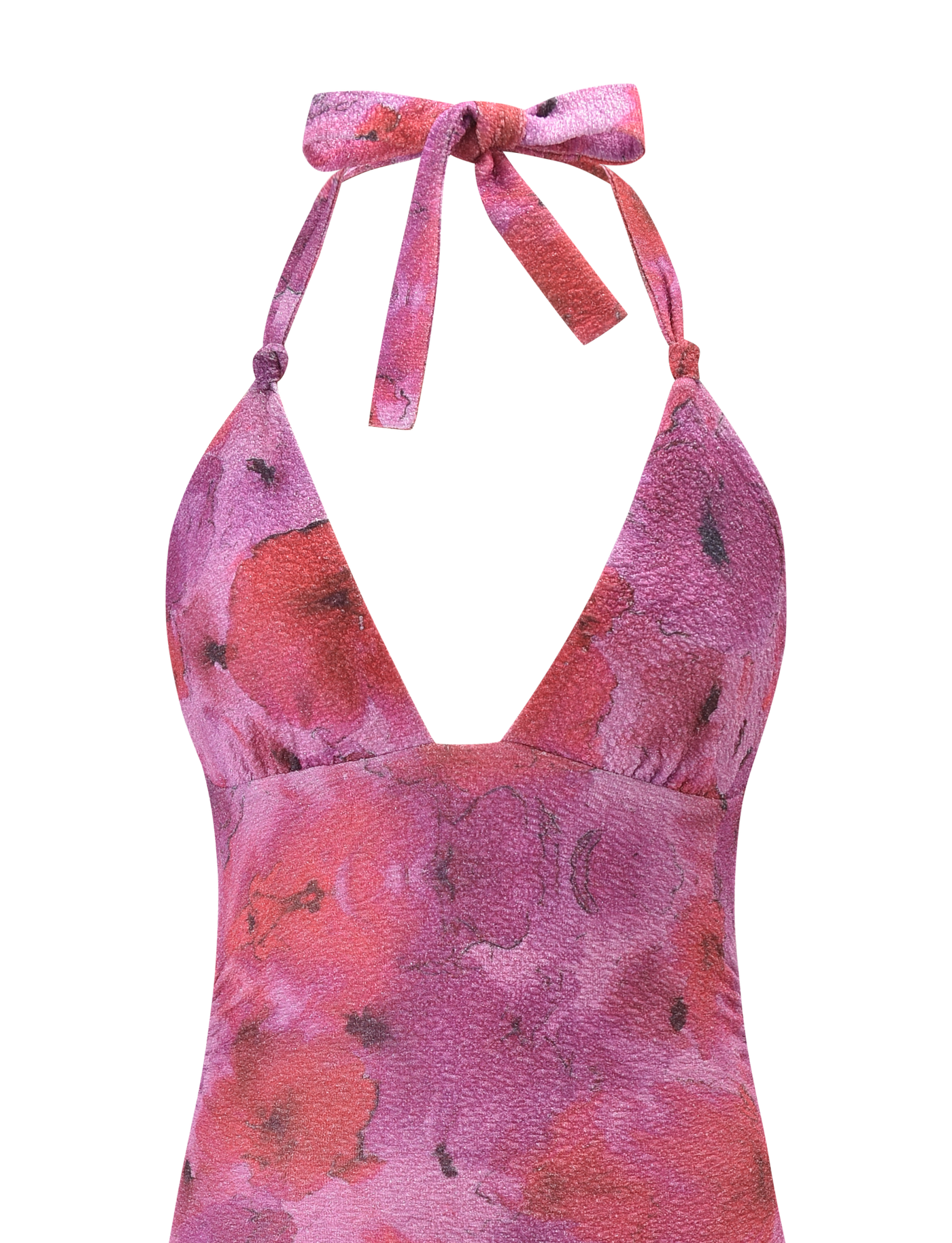 A close-up of the TIGERMIST TALYN MINI DRESS in Pink Sparkle Floral, featuring a halter-neck, textured fabric, playful pink and purple florals, and a neck tie for a chic look.