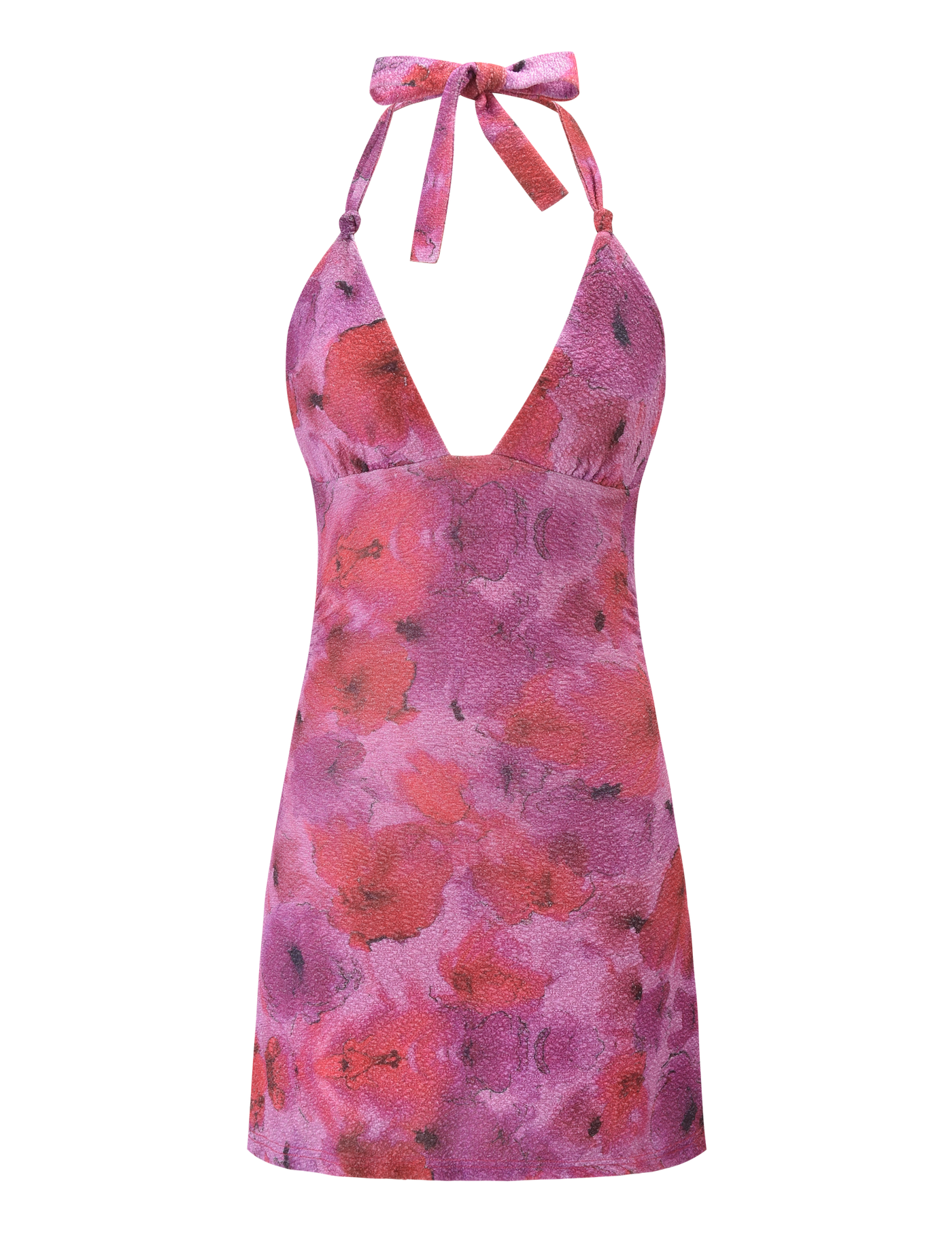 The TALYN MINI DRESS by TIGERMIST is a sleeveless, pink sparkle floral A-line dress with a deep V-neckline and a tied halter bow at the neck.