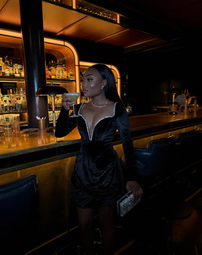 Penelope Black Diamante Mini Dress - DE NOIR 